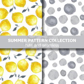 Tasty summer pattern collection with watercolor lemons and dots. Summer banner. Vector