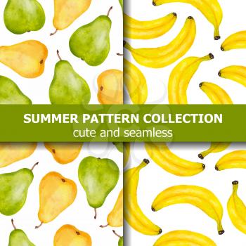 Summer pattern collection with watercolor pears and bananas. Summer banner. Vector