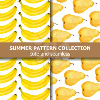 Exotic pattern collection with watercolor pears and bananas. Summer banner. Vector