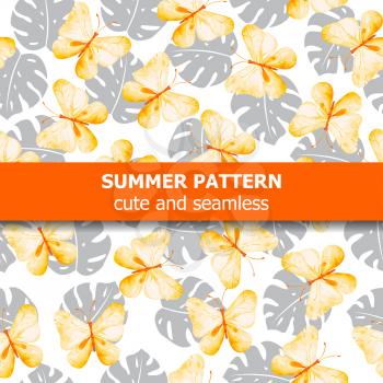 Watercolor pattern with butterflies and exotic leaves. Summer banner. Vector
