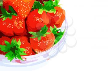 A heap of fresh strawberries in glass bowl . Vector