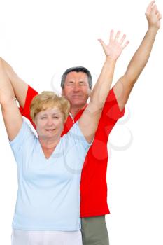 Elderly couple with hands-up. Isolated over white