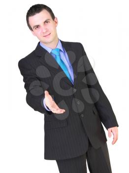 Cheerful businessman ready for handshake. Isolated over white.