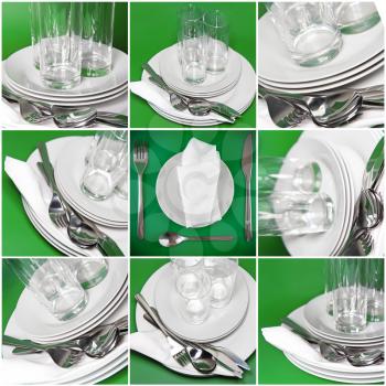 Collage of glasses, plates, covers on green background.