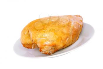 A smoked chicken on plate . Isolated over white.