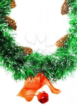 Christmas and New Year decoration-tinsel ans cones. Isolated.