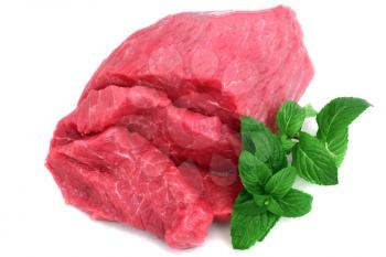 Cut of  beef steak with green leaf. Isolated.