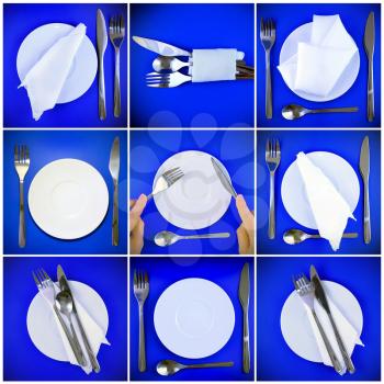 Composition of forks, knifes, spoons on blue background.