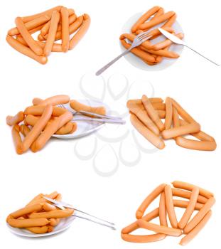 Collection (set)of fresh sausage on white plate with fork and knife. Isolated over white