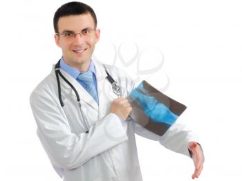 Friendly medical doctor stand in playful position with x-ray image . Isolated
