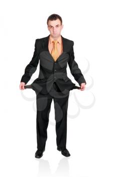 Cheerful businessman show empty pockets. Isolated over white