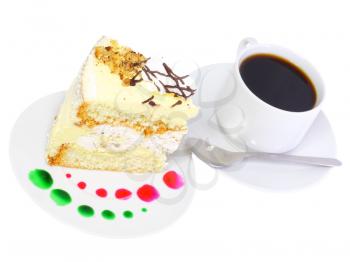 A piece of sponge cake with cup of coffee. Isolated