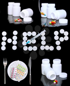 Collage of medicine- pills bottle,infusion set, hands with syringe . On black background