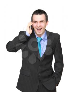 European businessman with cell phone-wonder face. Isolated over white