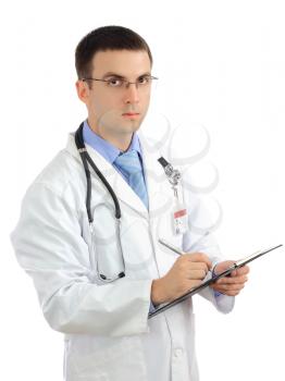  Portrait of medical doctor. Write on paper pad. Isolated over white