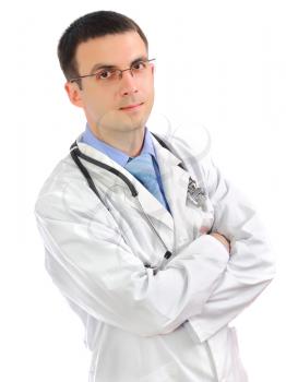 Portrait of friendly medical doctor with cross a hands. Isolated
