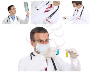 Set (collage) of young doctor in Hospital.Isolated over white