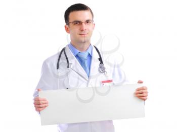 Medical doctor with blank poster. Isolated over white.