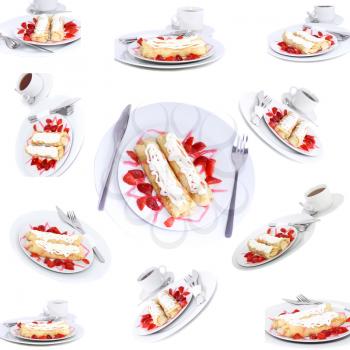 Collection-pancakes with rolled fruit inside and strawberry around. Isolated