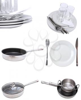 Collage of glasses, plates, dishware, utensil,pans. Isolated