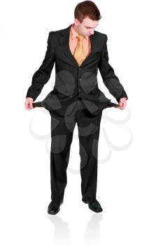 Cheerful businessman show empty pockets. Isolated over white