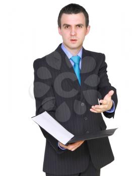 Cheerful businessman with paper folder. Isolated over white.