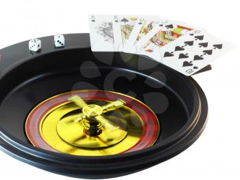 Spin casino roulette, dice and playing cards. Isolated over white