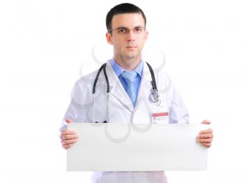 Medical doctor with blank poster. Isolated over white.