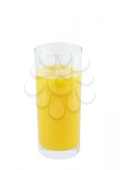 Glass of fresh orange juice with squeeze slice on white background.