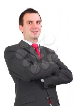 Caucasian businessman with crossed arms. Isolated over white