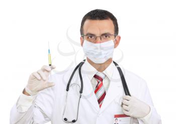  Doctor with  full syringe medication. Isolated over white