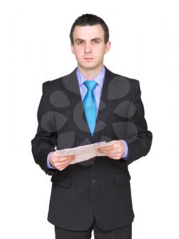 Cheerful businessman with paper folder. Isolated over white.