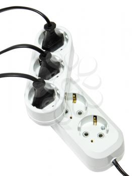 Plugs in electric socket. Isolated over white .