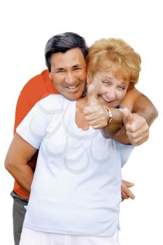 Elderly couple showed up and thumbs-up All just fine!. Isolated over white