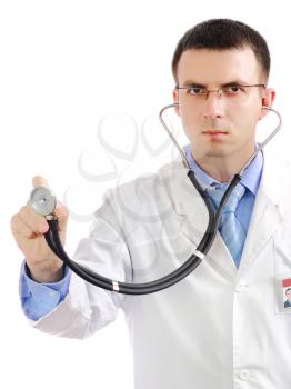 Friendly medical doctor stethoscope's listen. Isolated over white
