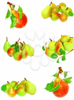 Collection (set) of pears with stem and green leaf. Isolated over white.