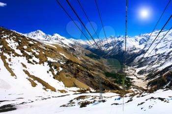 Wonderful view of the cableway in the mountains. Elbrus 