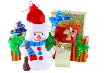 New Year decoration- snowman and New Year Year gift box. Close-Up. Isolated over white
