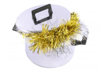 Funny Christmas and New Year-tinsel in  saucepan. Isolated over white