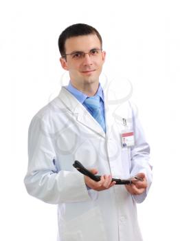 Portrait of medical doctor with phonendoscope. Isolated over white