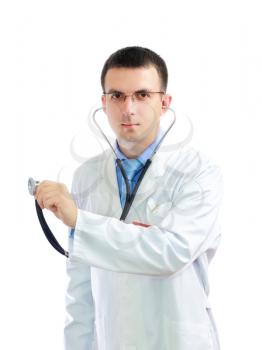 Friendly medical doctor stethoscope's listen. Isolated over white