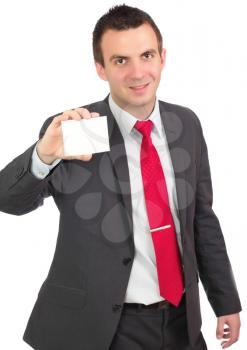Caucasian businessman with empty , blank white card. Isolated