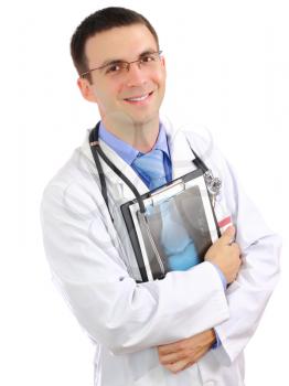 Friendly medical doctor stand with a x-ray image and medical pad. Isolated