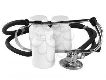 Stethoscope with medicine blank bottles on white background.