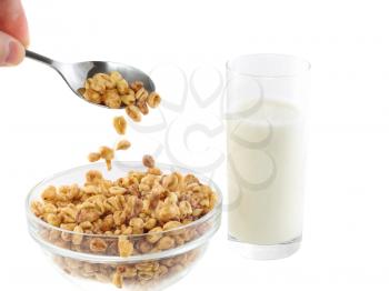 Fragment of milk's glasses with bowl cold cereal flakes. Isolated