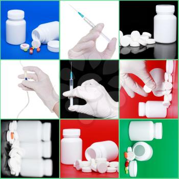 Collage of medicine- pills bottle,infusion set, hands with syringe . On colour background