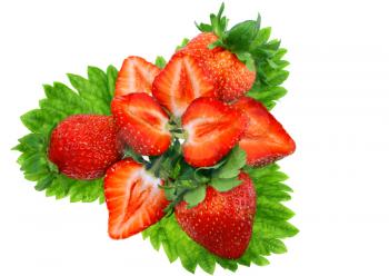 A heap of fresh strawberries on green foliage . Isolated