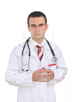 Portrait of friendly medical doctor with sadness and sympathetically face. Isolated