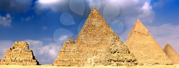 Great Pyramids, located in Giza, the pyramid of Pharaoh Khufu, Khafre and Menkaure. Egypt. Panorama