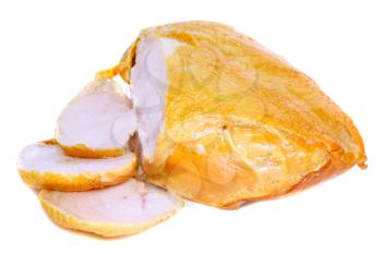 Slice on smoked chiken with knife . Isolated over white.